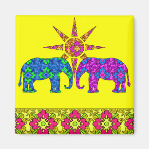 Whimsical Bright Colourful Paisley Elephants Yello Magnet