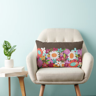 Whimsical Bright Colourful Spring Flowers Garden Lumbar Cushion
