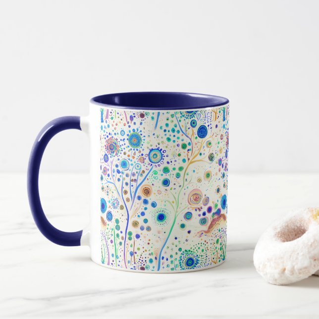 Whimsical Bright Colourful Trees Blue Mug (With Donut)