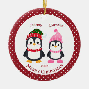Whimsical Brother & Sister Penguins Personalised C Ceramic Ornament
