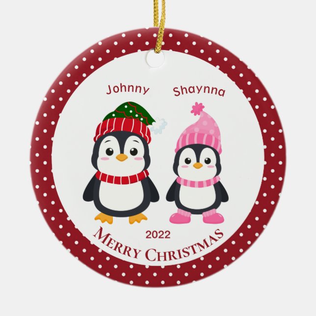 Whimsical Brother & Sister Penguins Personalized C Ceramic Ornament (Front)