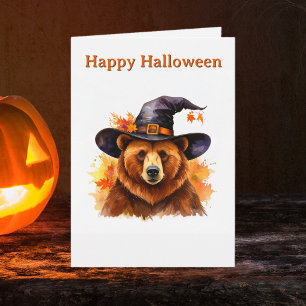 Whimsical Brown Bear Black Witch Hat Halloween Card