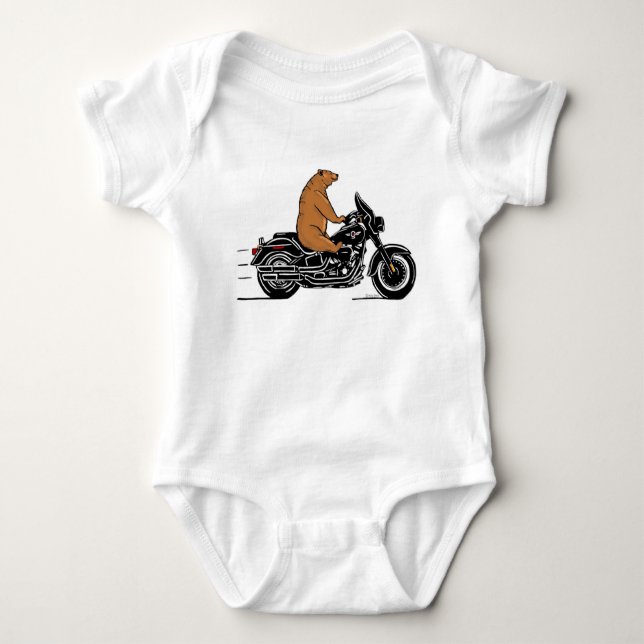 Whimsical brown bear riding a motorcycle baby bodysuit (Front)