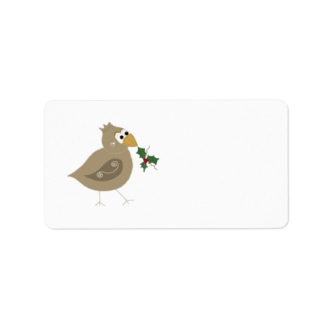 Whimsical Brown Bird with a Sprig of Holly Label (Front)
