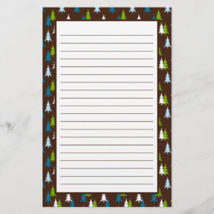 Whimsical Brown Blue Green Christmas Tree Pattern Stationery