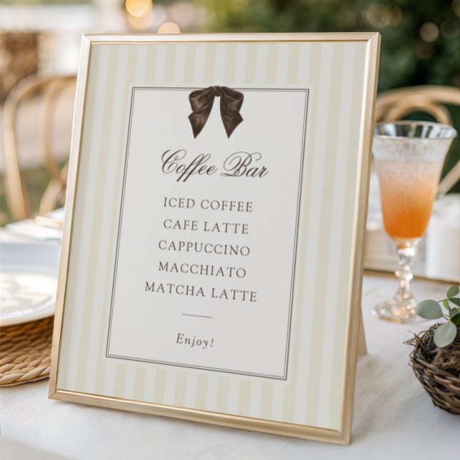 Whimsical Brown Bow Striped Coffee Bar Poster (Creator Uploaded)