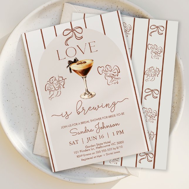 Whimsical Brown Love Is Brewing Bridal Shower Invitation (Love is Brewing Bridal Shower Invitation, Espresso Martini Bridal Shower Invitation Template, 
)