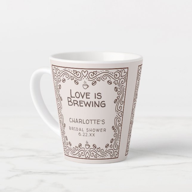 Whimsical Brown Love Is Brewing Bridal Shower Latte Mug (Left Angle)