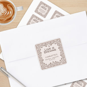 Whimsical Brown Love Is Brewing Bridal Shower Square Sticker