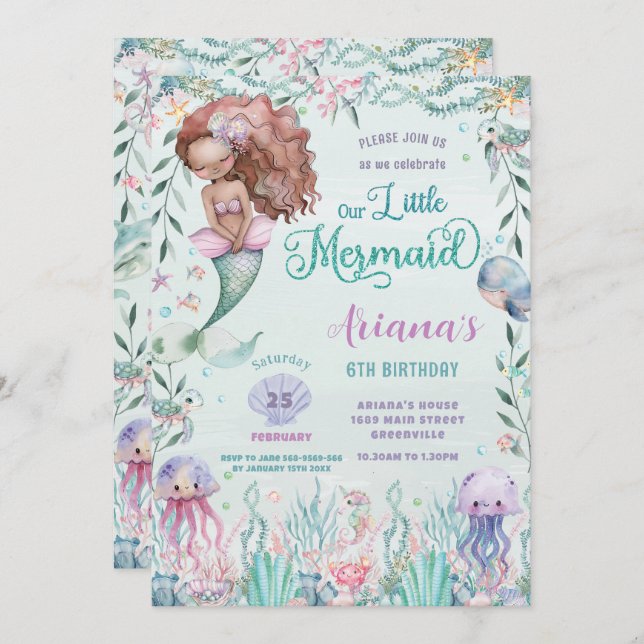 Whimsical Brown Mermaid Under the Sea Birthday Invitation (Front/Back)