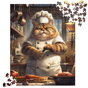 Whimsical Brown Realistic Cat Chef Artwork Jigsaw Puzzle