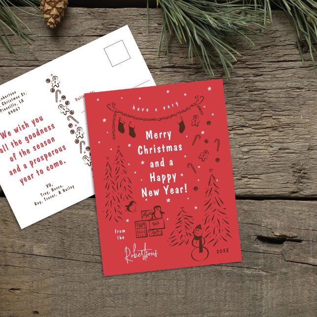 Whimsical Brown & Red Christmas Scene Postcard (Creator Uploaded)