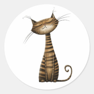 Whimsical Brown Tabby Cat Illustration Classic Round Sticker