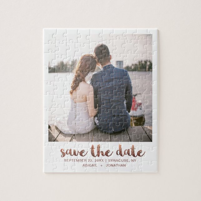 Whimsical Brush Script Photo Save the Date Copper Jigsaw Puzzle (Vertical)