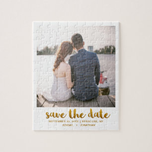 Whimsical Brush Script Photo Save the Date Gold Jigsaw Puzzle