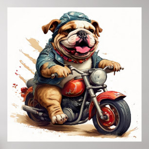 Whimsical Bulldog Chopper Riding a Motorbike Poster