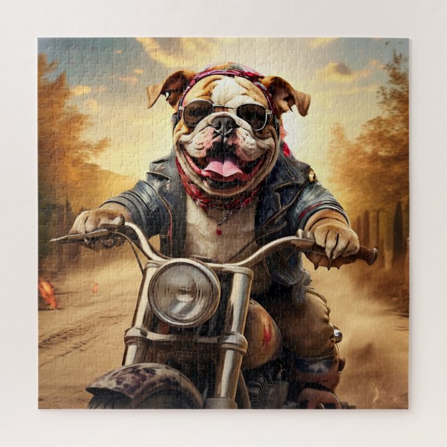 Whimsical Bulldog Chopper Riding a Motorcycle Jigsaw Puzzle (Vertical)