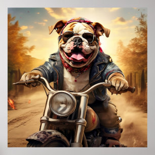 Whimsical Bulldog Chopper Riding a Motorcycle Poster
