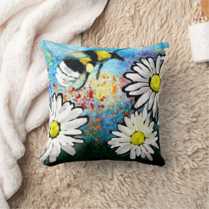 Whimsical Bumble Bee & Daisies Floral Abstract Cushion