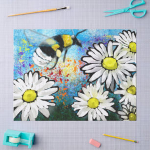 Whimsical Bumble Bee Daisies Floral Blue White Tissue Paper