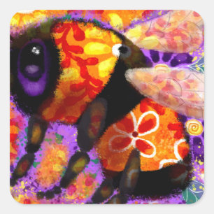 Whimsical Bumble Bee Floral Orange Red Yellow Square Sticker