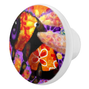 Whimsical Bumble Bee Floral Red Yellow Purple Ceramic Knob