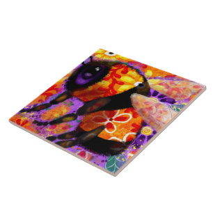 Whimsical Bumble Bee Floral Red Yellow Purple Ceramic Tile