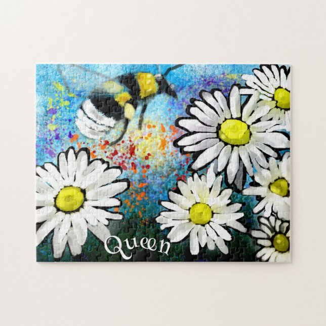 Whimsical Bumble Bee in Daisies Personalised Jigsaw Puzzle (Horizontal)
