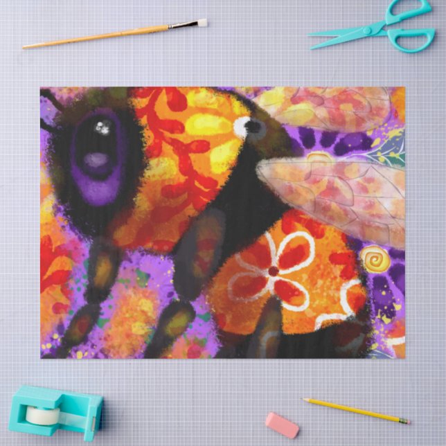 Whimsical Bumble Bee Purple Orange Decoupage Tissue Paper (Craft)