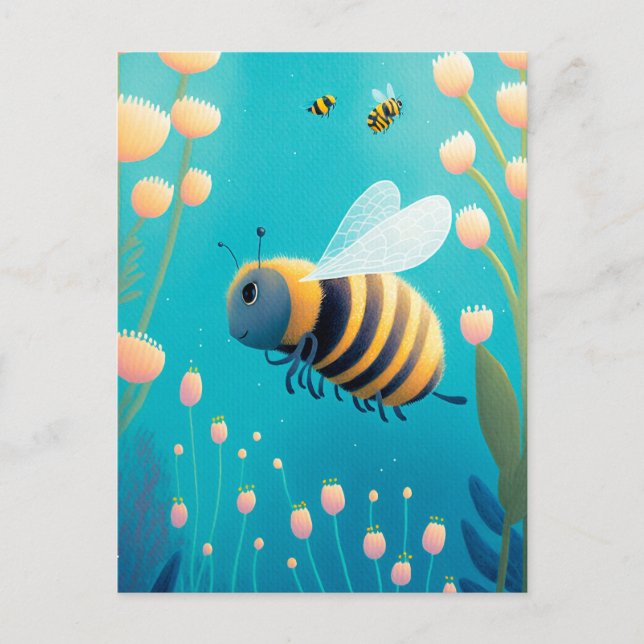 Whimsical Bumble Bees and Flowers Postcard (Front)