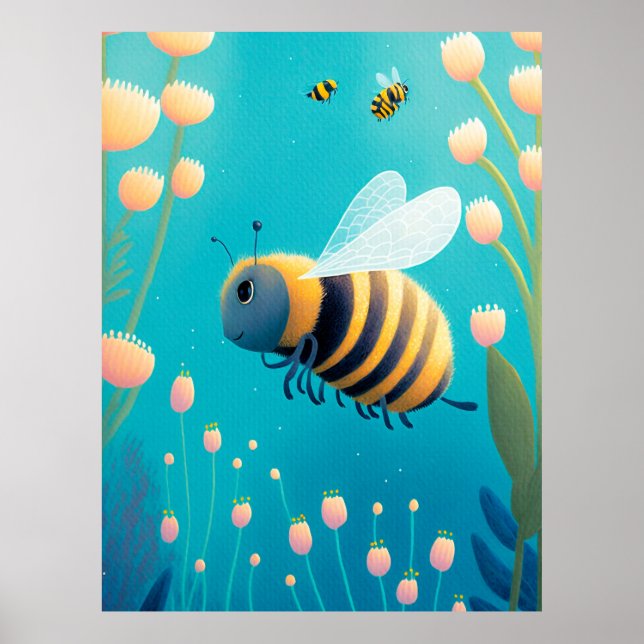 Whimsical Bumble Bees and Flowers Poster (Front)