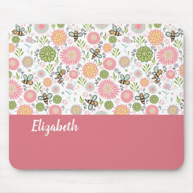 Whimsical Bumblebee Floral Mouse Pad (Front)