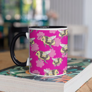 Whimsical Bumblebee Pattern Hot Pink bee lover Two-Tone Coffee Mug