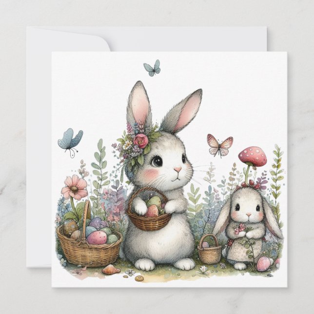 Whimsical Bunnies and Eggs Flowers Easter Greeting Card (Front)