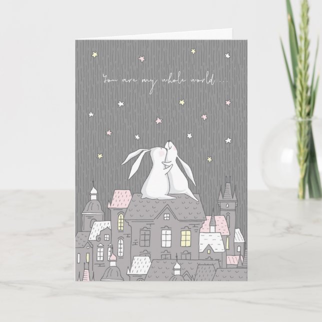 Whimsical Bunnies on Rooftop Partner Love Holiday Card (Front)