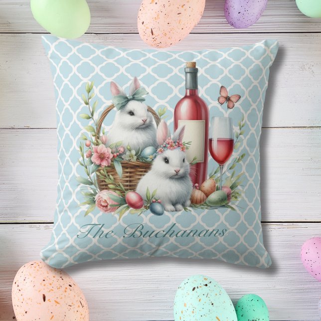 Whimsical Bunnies & Wine Easter Throw Pillow (Bunnies and wine editable name pillow)