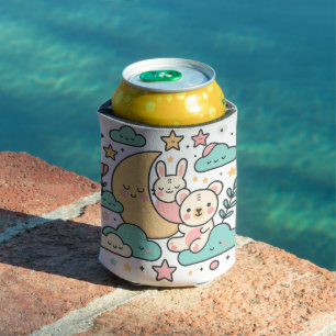 Whimsical Bunny and Bear Hugging Moon Can Cooler
