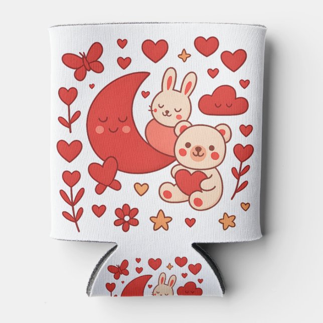 Whimsical Bunny and Bear Moon Heart Can Cooler (Front)