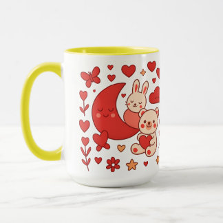 Whimsical Bunny and Bear Moon Heart Ceramic Mug