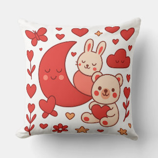 Whimsical Bunny and Bear Moon Heart Throw Pillow