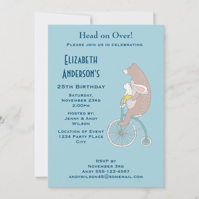 Whimsical Bunny and Bear Riding a Bike Birthday Invitation (Front)