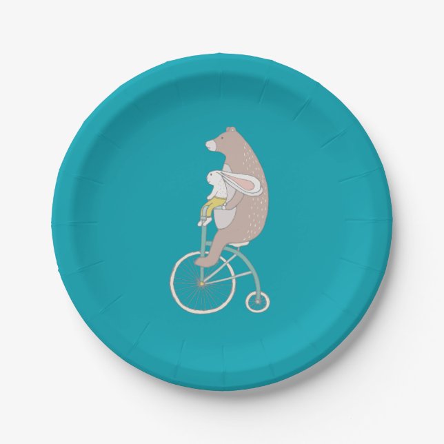 Whimsical Bunny and Bear Riding a Bike Paper Plate (Front)