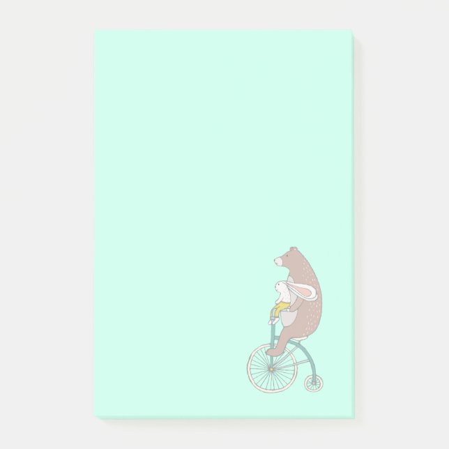 Whimsical Bunny and Bear Riding a Bike Post-it Notes (Front)