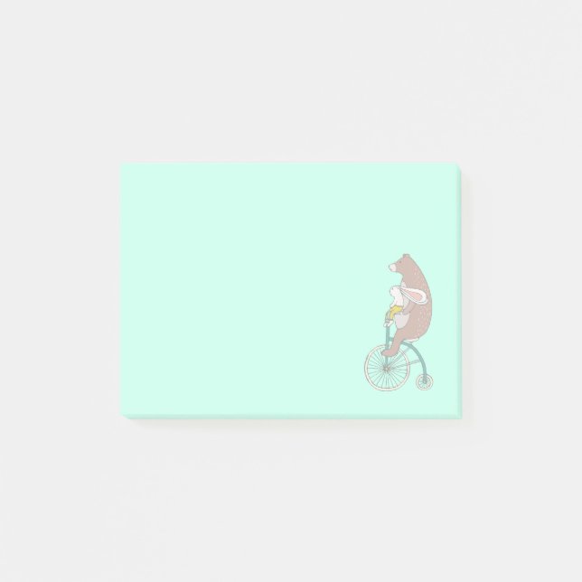 Whimsical Bunny and Bear Riding a Bike Post-it Notes (Front)