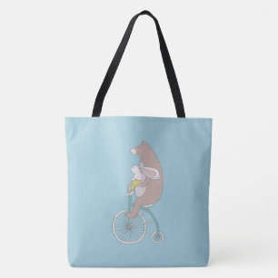 Whimsical Bunny and Bear Riding a Bike Tote Bag