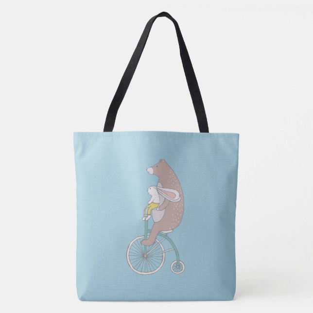 Whimsical Bunny and Bear Riding a Bike Tote Bag (Front)