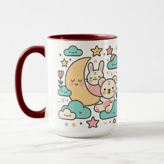 Whimsical Bunny and Bear Under Moon Illustration Mug
