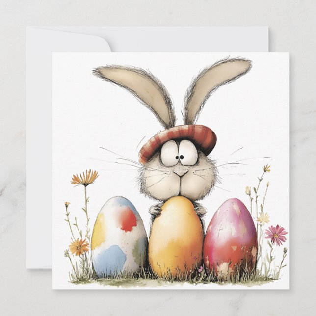 Whimsical Bunny and Decorated Eggs Easter Greeting Card (Front)