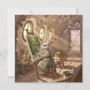 Whimsical Bunny Artist Painting on Easel Holiday Card