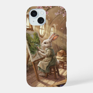 Whimsical Bunny Artist Painting on Easel iPhone 15 Case